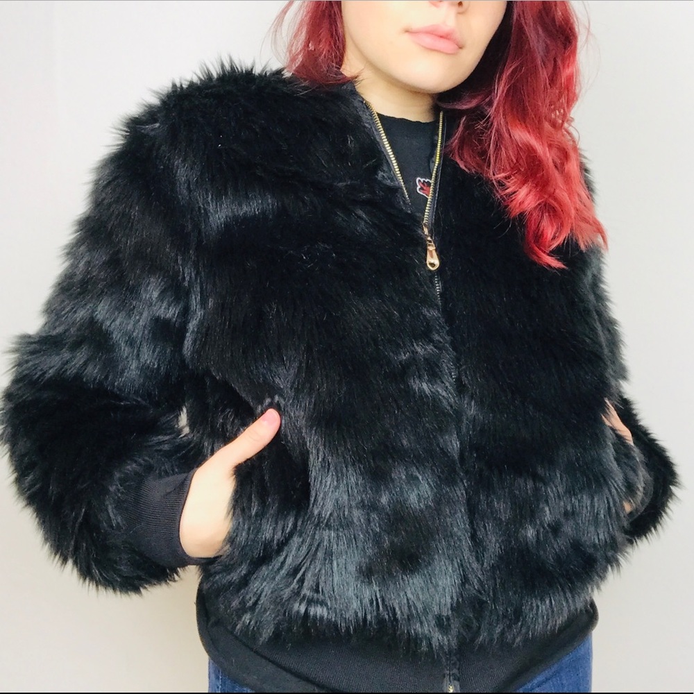 Say What? Black Faux Fur Bomber ZIP Up Jacket size Small